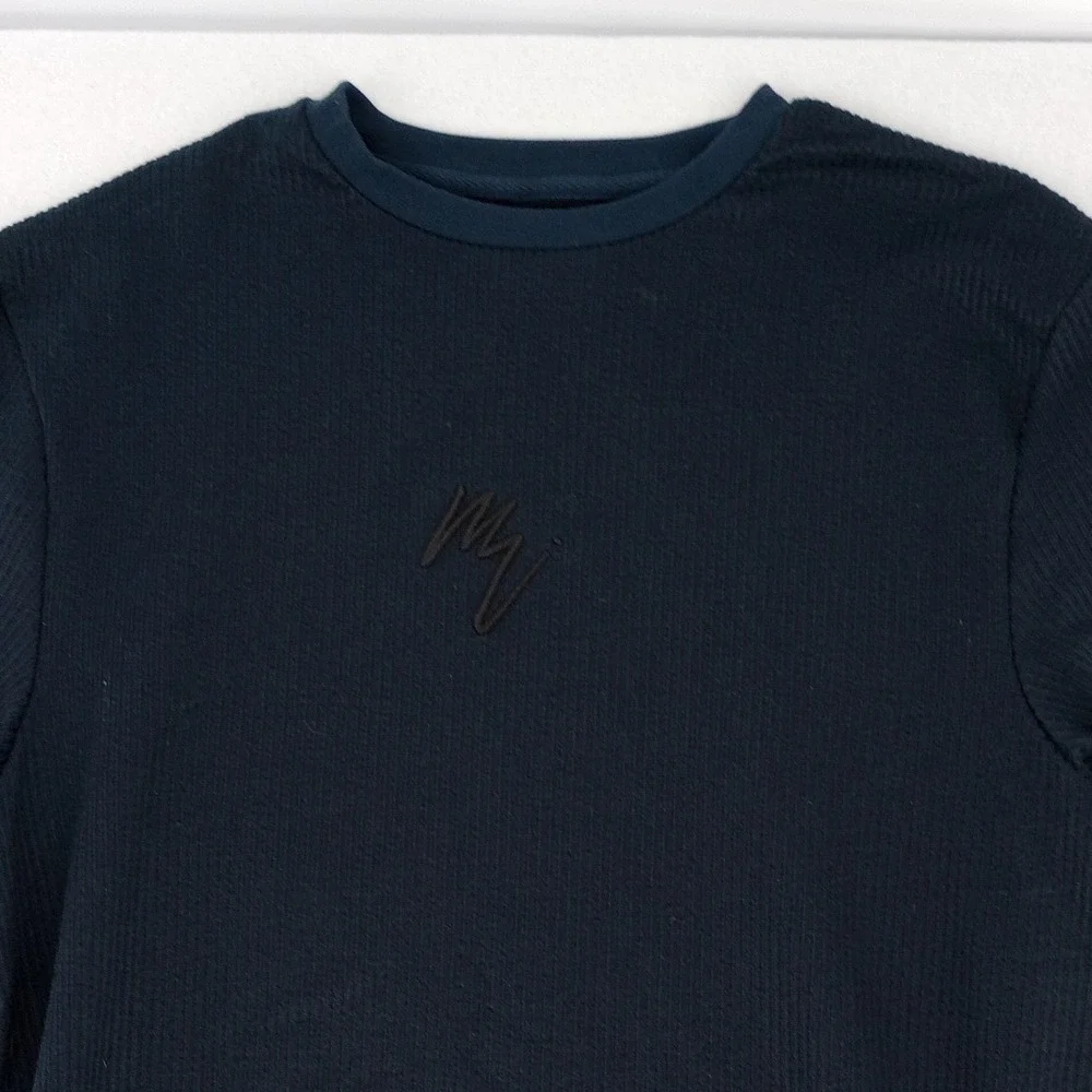 River Island T-Shirt Mens Size M Navy Blue Ribbed Short Sleeve Logo
